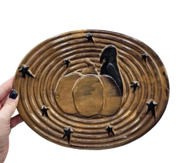 Vintage Primitive Honey and Me Pottery Black Crow Pumpkin Oval Tray Halloween - Image 1 of 4