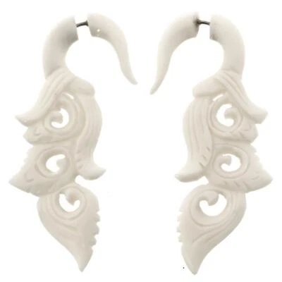Pendientes postes étnicos tallados a mano bohemios hueso bufallo blanco calibre falso, 2 3/8" Foto 1 de 2