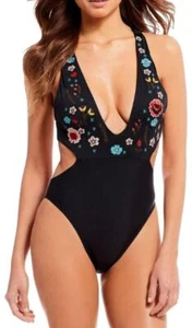 GB Gianni Bini Black Senorita Plunge Embroidered Flor One-Piece Swimsuit, size L - Picture 1 of 5