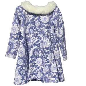 Janie and Jack Girls Dress Sz 6 Blue Floral Fur Trim Rabbit Bunny Easter Winter - Picture 1 of 7
