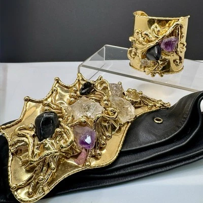 Antigo Sayjo By Dutra Brutalista Fivela de Cinto de Latão/Punho Couro Modernista Ametista - Imagem 1 de 4