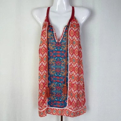 Feathers by Tolani Red Orange Print Tassel Halter Dress Sz L - Image 1 of 4