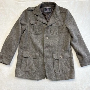Brave Soul VTG Mens M Black label brown and grey herringbone wool blend pea coat - Picture 1 of 10