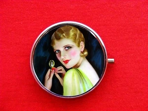 FLAPPER PIN UP GIRL MAKE UP RING TRINKET STASH ROUND MINT METAL PILL BOX CASE - Picture 1 of 2