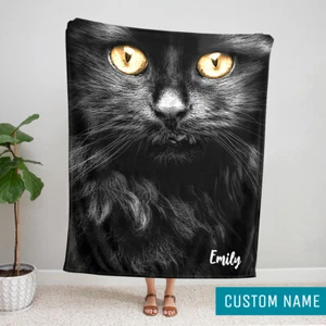 Custom Cat Fleece Blanket, Personalized Any Name Black Cat Halloween Blanket - Picture 1 of 6