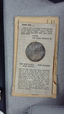 Original Envelope 1881-O Morgan Silver Dollar In Tidy House Holder With Toning Cover