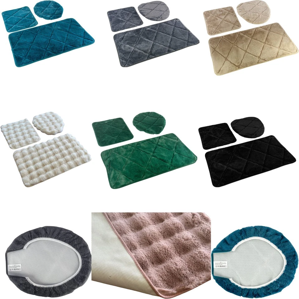 3 Tlg. Set Badematte Badteppich Badvorleger Grün Blau Beige Grau Schwarz Cremig - Bild 1 von 1