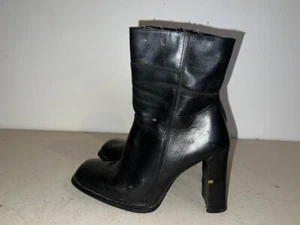 WOMEN'S LADIES BLACK LEATHER ZIP UP BLOCK HEEL ANKLE BOOTS UK 7 EUR 40 BT098 - Picture 1 of 8