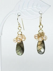 14k Yellow Gold Labradorite Briolette and Cream Pearl Drop Dangle Earrings - Picture 1 of 4