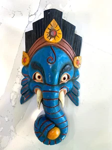 F1178 Stunning Hindu God Ganesh Wooden Mask Wall Hanging Handmade in Nepal - Picture 1 of 4