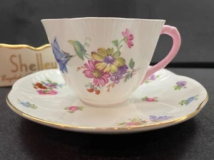 SHELLEY  GERMAN FLORAL  DAINTY CUP AND SAUCER  GOLD TRIM -  PINK HANDLE   #2373 - Picture 1 of 6