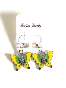 🦋Sweet Yellow/Green Enamel Butterfly Silvertone Earrings🦋 - Picture 1 of 8