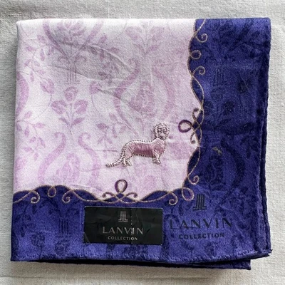 Lenço Vintage Roxo Algodão Ogee Rosa Borda Azul Bordado Cachorro Lenço 19" - Imagem 1 de 3