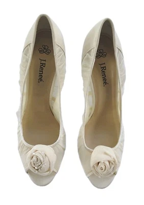 J. Renee Shoes 10 Ivory Cream Satin Open Toe Beaded Rose Wedding Pumps Heels M - Image 1 of 4