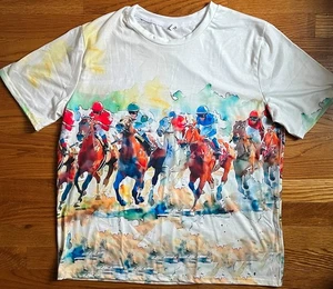 Multicolor Water Color Style Race Horses Short Sleeve T-Shirt Size XL NWOT - Foto 1 di 5