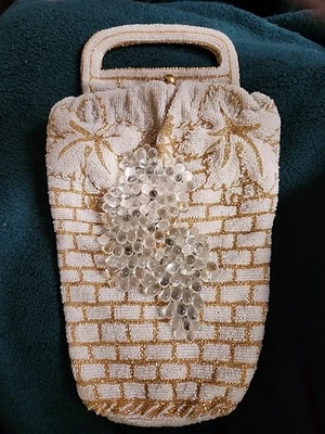 Vintage 1950s Beaded Evening Bag  White And Gold With Cluster If Clear  Beads - Image 1 of 3