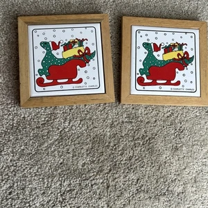 Charlotte Charles Ceramic Christmas Tile Set Of 2 Dinosaur Sleigh Wood Frame - Picture 1 of 5