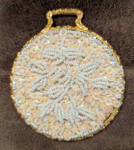 Vintage weiße Perlen Perlen Hand Handtasche Spiegel - Bild 1 von 4