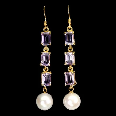 925 Sterling Silver Earrings Octagon Amethyst 7x5mm Pearl Gemstone Jewelry - Image 1 of 4