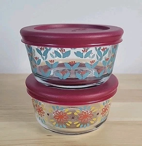 Pioneer Woman Dish With Lid 1 Cup Storage Container Glass Floral Set Of 2 - Picture 1 of 13