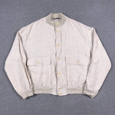 VTG Faconnable Jacket Mens Large Linen Beige Bomber Flight Full Zip Button - Image 1 of 4