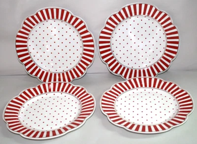 GRACE'S TEAWARE Grace Teaware Red Stripes/Dots Gold Trim Scallop 9 1/4" Salad Plates Set/4 New