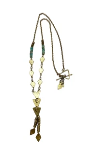 Vintage Türkis Perlen Struktur Goldfarben Y Tropfen Anhänger Halskette Boho Ethno - Bild 1 von 24