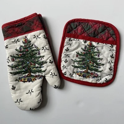 Spode Árbol de Navidad Horno Olla Soporte Y Guante Tartán Cuadros Foto 1 de 4