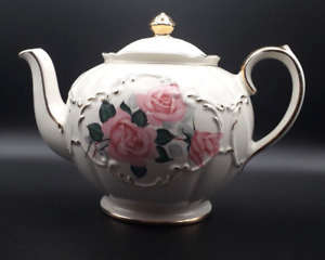 Sadler Pottery China Round Cube Pink Roses Teapot Milk Jug & Sugar Bowl
