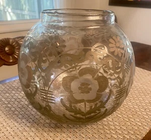 Vintage Indian Floral Art glass Acid Etched Globe Bowl Terrarium 7x7 - Picture 1 of 6