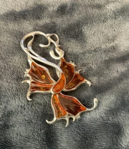 Designer Sterling Silver Floral Art Nouveau Modernistic Angel Large Amber Pin 3” - Picture 1 of 3