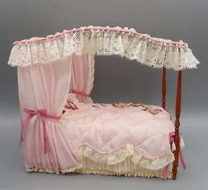 Vintage OOAK Artisan Dressed Lacey Pink Canopy Bed Dollhouse Miniature 1:12 - Picture 1 of 15