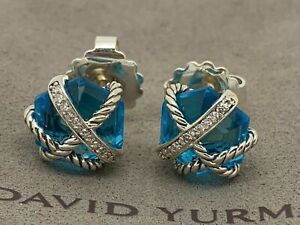 David Yurman Sterling Silver 10mm Blue Topaz Diamond Cable Wrap Stud Earrings
