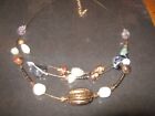 Multi Wire Choker Necklace Gold Tone Multicolor Glass Bead & Brown Seed