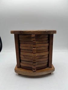 Vintage MCM Wood Coaster Set of 12 cork coaster with carved design on holder! - Picture 1 of 11
