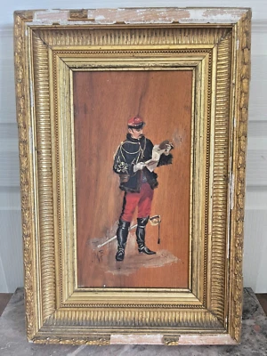 Ancien Huile Bois Panneau Encadré Officier Etat Major Hussard Signé XIXème 19ème - Photo 1/4