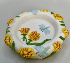 PartyLite Retired Floral Garden Votive Tea Lite Round Yellow Flowers Dragonfly - Picture 1 of 5