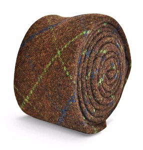 Corbata Frederick Thomas Diseñador de Lana de Tweed para Hombre - Marrón - Verde Azul Cuadro Delgado - Imagen 1 de 4