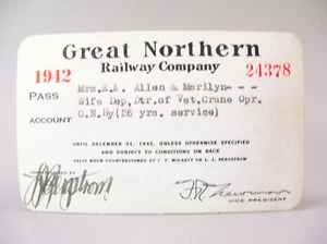 1942 GREAT NORTHERN RAILWAY CO RAILROAD EMPLOYEE PASS #24378 - Picture 1 of 2