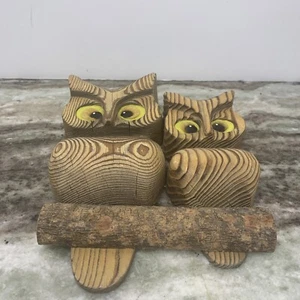 2 VINTAGE WOODEN OWLS Perched On Branch W FELT EYES MCM WALL HANGING DECOR - Picture 1 of 7