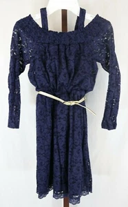 Speechless Girls Navy Blue Lace Long Sleeve Belted Holiday Party Dress Size 7 - Picture 1 of 8