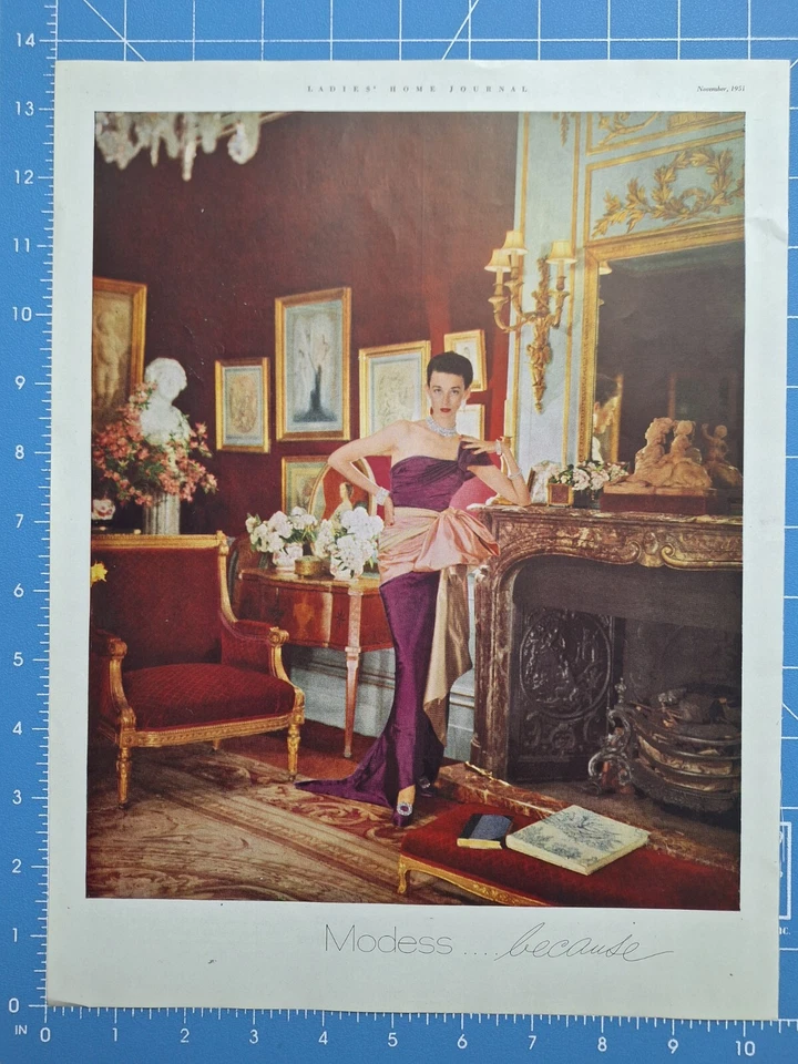 1951 MODESS Feminine Hygiene Model Purple Evening Gown Dress Print Ad - Изображение 1 из 1
