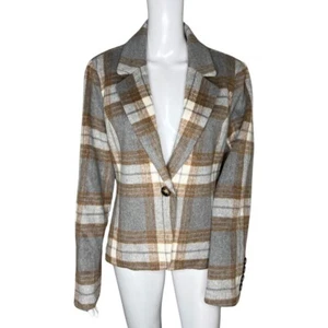 Bagatelle Jacket Womens Large Tan Gray Plaid Bohemian Light Academia Neutral - Picture 1 of 9