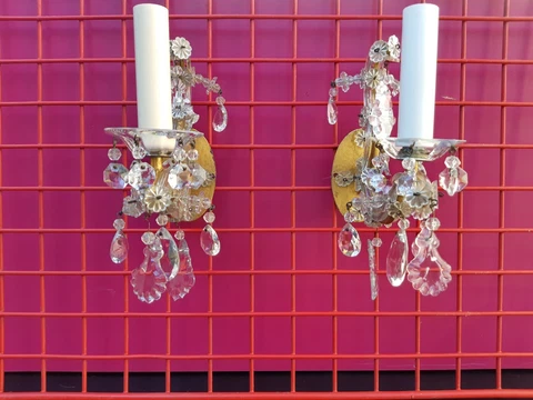 Antique Vintage Pair of Candlestick Lamps With Crystals Wall Hanging Sconces Cover