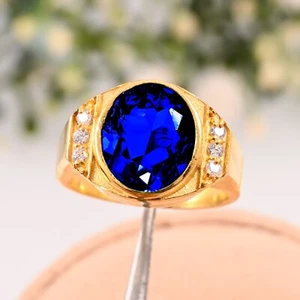 For Men's Handmade Ring Gift 14K Solid Yellow Gold Lab Created Blue Sapphire. - Picture 1 of 3