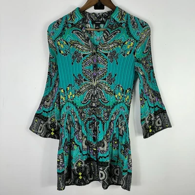 Blusa Alfani 8 Teal Negra Boho Cachemira Plisada Manga Campana Carrera Túnica Top Y2K Foto 1 de 4