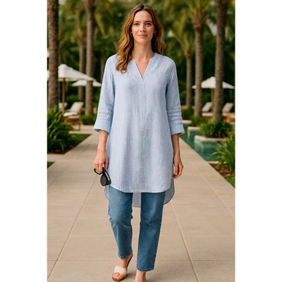 Top túnica a rayas Soft Surroundings 100 % lino escapada talla pequeños bolsillos vacaciones Foto 1 de 4