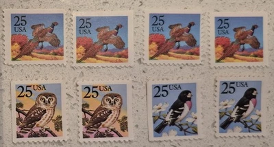 USPS BIRDS 8 25-Cent Stmps  4-PHEASANT #2285 2-OWL # 2283 2-GROSBEAK  MOGNH 1988 - Image 1 of 3