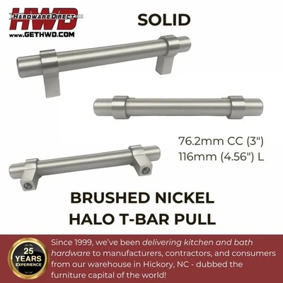 Manija de gabinete de barra en T de níquel cepillado moderna cocina baño perilla 76 mm 3" cc halo Foto 1 de 4