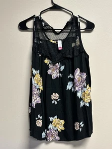 Black floral tank top with sheer back and lace details - Picture 1 of 4